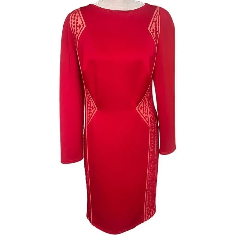 Tadashi Shoji Edie Red Rock Nude Neoprene Embroidered Lace panel Dress L